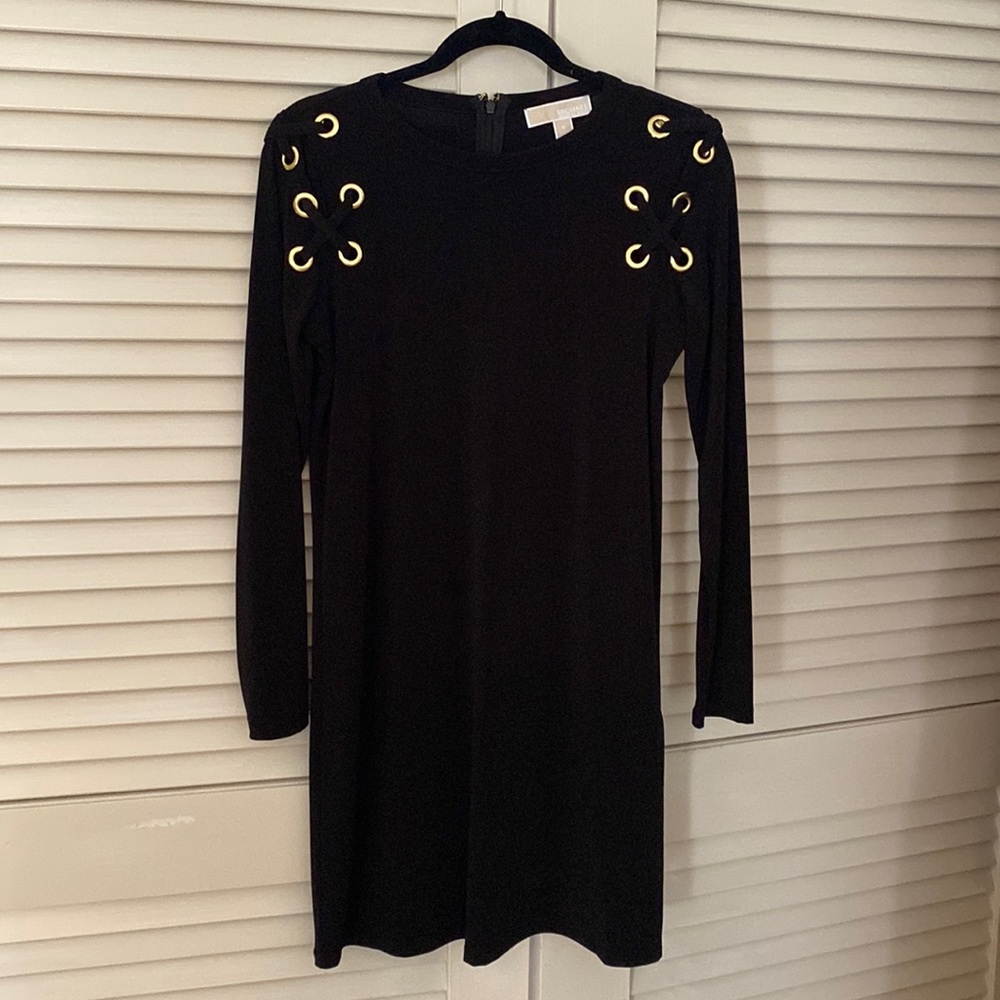NWT! Michael Kors black long sleeve dress with gold grommets and lace detail
